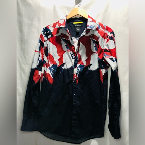 Macy’s INC men’s Abstract Stars and Stripes MED slim shirt Red white / Navy - Picture 5 of 11